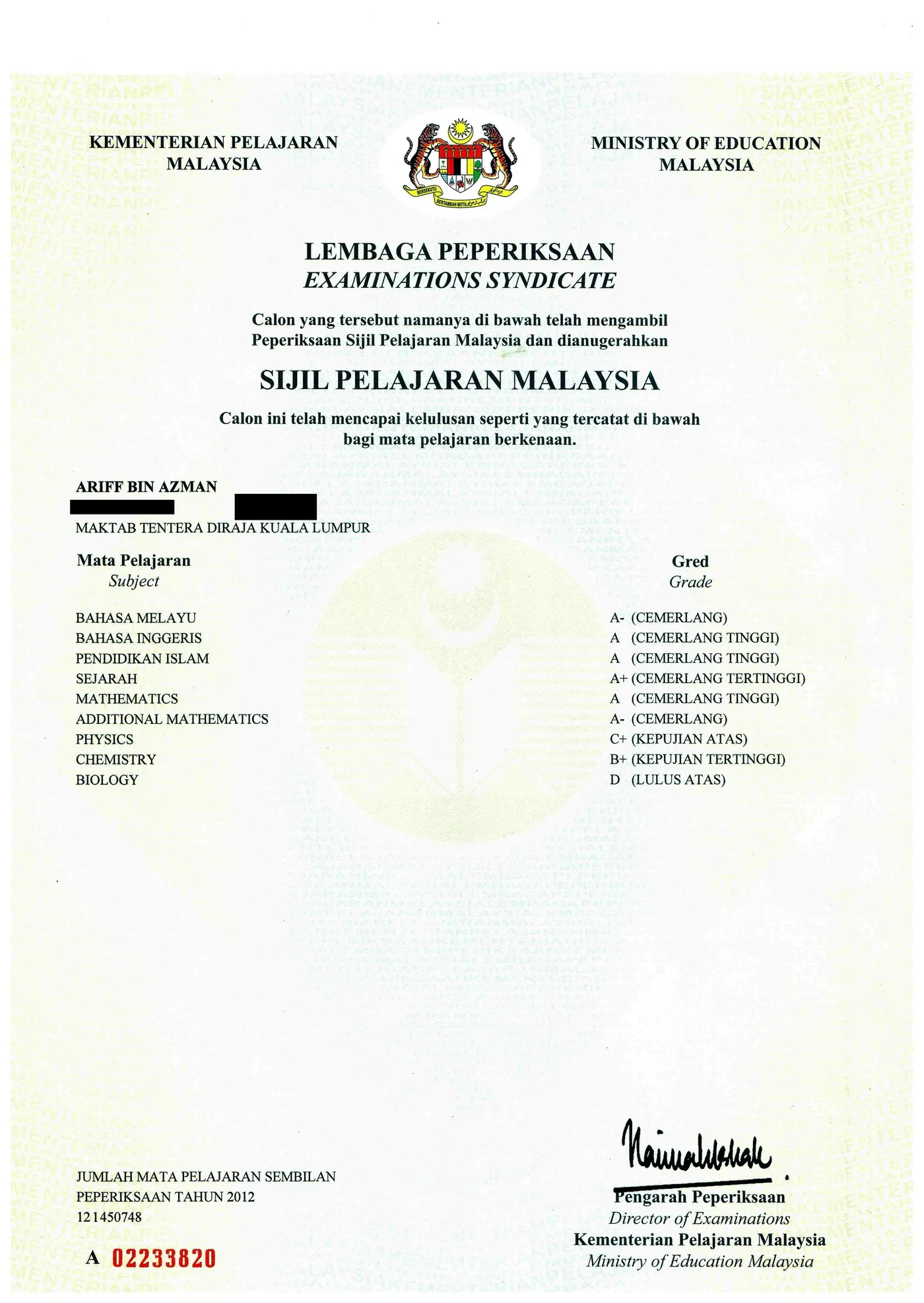 Sijil Pelajaran Malaysia, Lembaga Peperiksaan, Kementerian Pelajaran Malaysia, peperiksaan tahun 2012. Nombor kad pengenalan dan angka giliran telah ditutup.