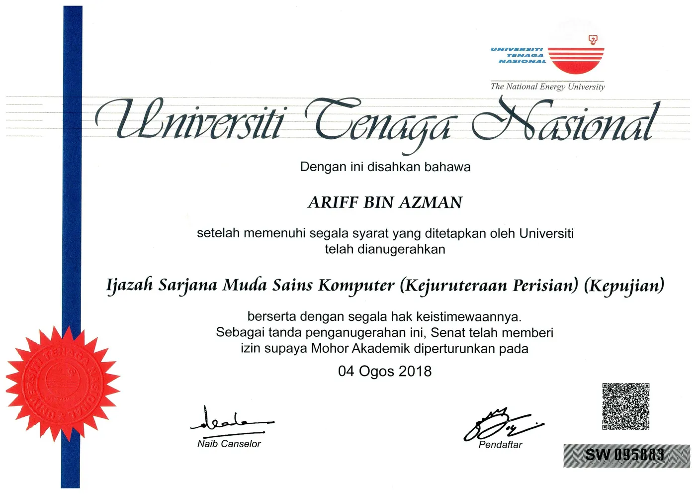 Skrol ijazah: Ijazah Sarjana Muda Sains Komputer (Kejuruteraan Perisian) (Kepujian), Universiti Tenaga Nasional, dianugerahkan pada 4 Ogos 2018