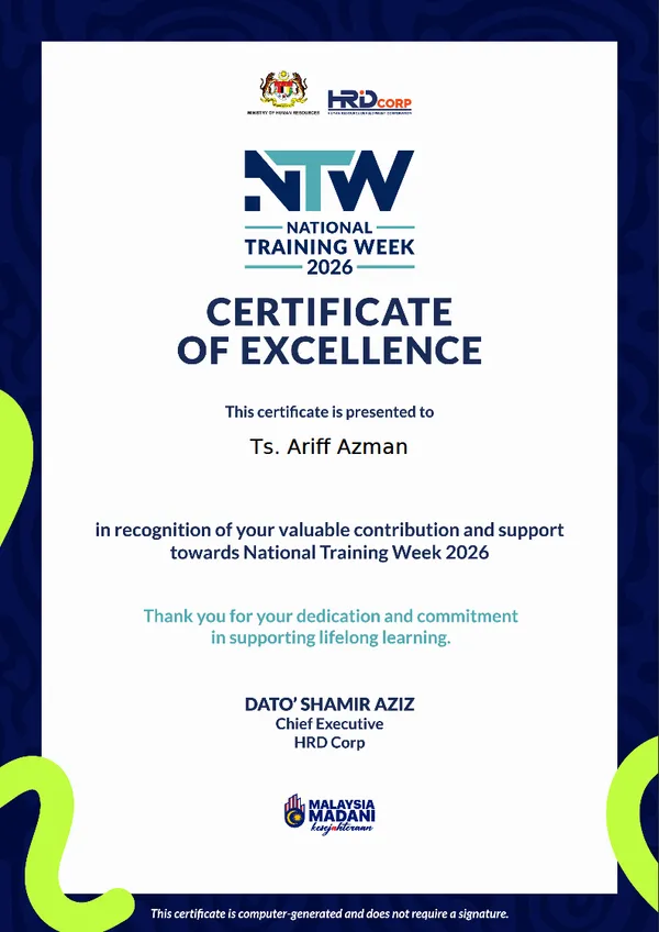 HRD Corp National Training Week 2026 Certificate of Excellence